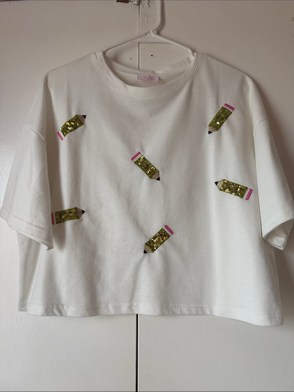 Pink Lily White Crop Tee with Gold Sequin Pencil Accents